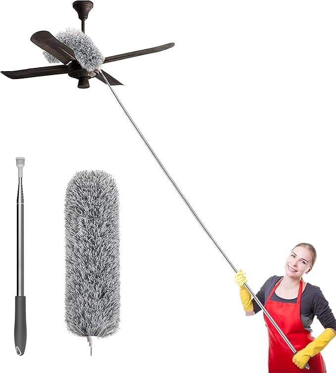 Upgraded Long Handle Microfiber Feather Ceiling Duster for Dust Cleaning Extendable Pole 30-100 Inch for Cleaning High Cobweb Stick High Ceiling Fan - Stainless Steel,Grey GenzVybs